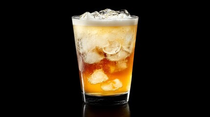 Poster - Refreshing Beverage in a Glass with Ice and Bubbles on Dark Background