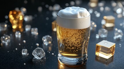 Poster - Refreshing Beer Glass Surrounded by Ice Cubes and Sparkling Bubbles