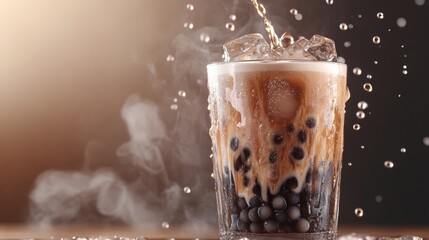 Poster - Refreshing Bubble Tea with Ice Cubes in a Glass Against Background