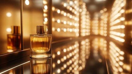 Poster - Elegant perfume bottle on reflective surface with warm lighting