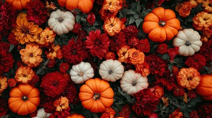 Wall Mural - Vibrant autumn arrangement of pumpkins and colorful flowers in shades of orange, white, and red, creating a seasonal festive atmosphere.