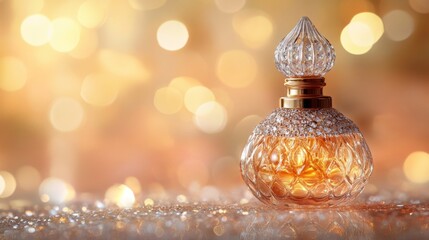Poster - Elegant Vintage Perfume Bottle with Sparkling Golden Bokeh Background