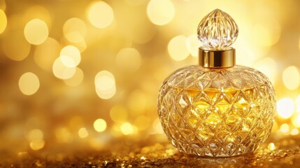 Poster - Elegant glass perfume bottle with golden background and bokeh effect