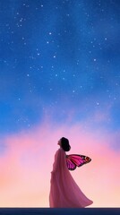 Poster - Woman with butterfly wings gazes at a starry sky, enveloped in a dreamy twilight glow, AI