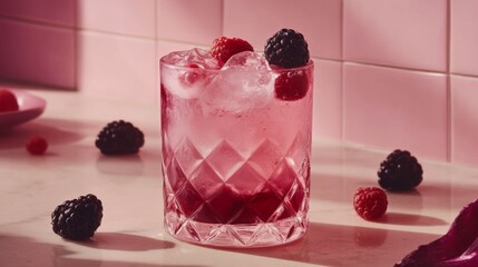 Poster - Refreshing Berry Cocktail with Raspberries and Blackberries on Marble