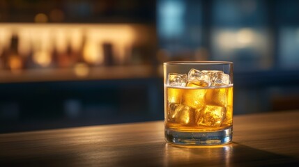 Poster - Refreshing Glass of Whiskey with Ice Cubes on a Bar Counter