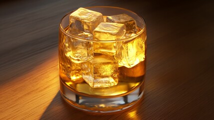 Poster - Glass of whiskey with ice cubes on wooden table in warm light