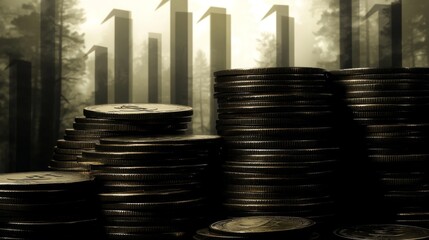 Aufkleber - Stacks of Coins with Abstract Financial Growth in Background