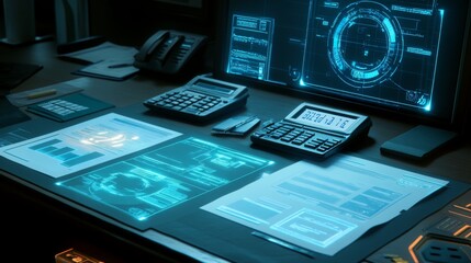 Leinwandbilder - Futuristic Office Desk with Technology and Digital Displays