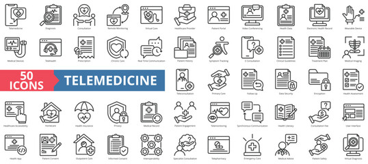telemedicine icon collection set. contain telepharmacy, telehealth, teleconsultation, telemonitoring