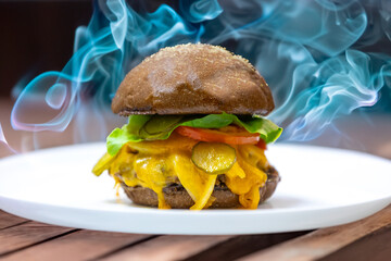 Wall Mural - Traditional rustic burger sandwich with cheddar cheese, vegetables and Australian bread in creative photography and cozy village setting