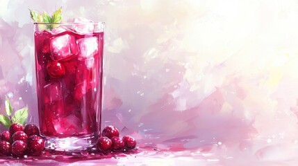 Poster - Refreshing Berry Drink with Ice Cubes and Mint Garnish