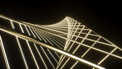 Poster - Abstract image of swirling golden double triangle lines on black background.,Abstract line movement,3d rendering