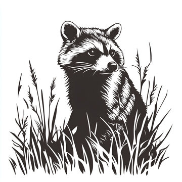 raccoon sitting in the grass, vector-style logo, stencil tattoo design, simple, white background