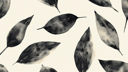 Canvas Print - Elegant black and white leaves pattern with subtle watercolor texture, creating a tranquil and artistic background for various design projects.