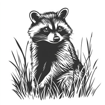 raccoon sitting in the grass, vector-style logo, stencil tattoo design, simple, white background