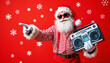 © elina - Festive Santa Claus wearing sunglasses celebrates with a boombox against a bright red background decorated with snowflakes during the holiday season