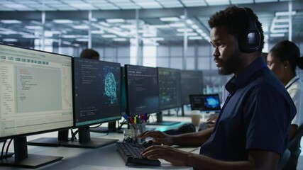 Poster - engineer in data center wearing headphones, implementing ai systems. server farm expert at desk in o