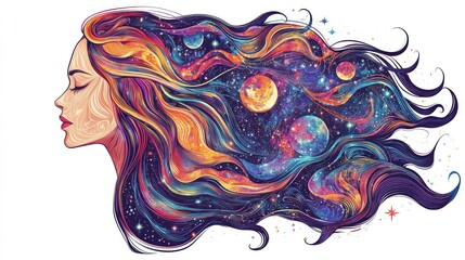 Sticker - Colorful illustration of a woman's profile with flowing hair, filled with a cosmic scene of planets and stars, representing beauty and the universe's wonders.