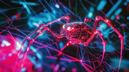 Neon robotic spider on web, glowing pink, blue.