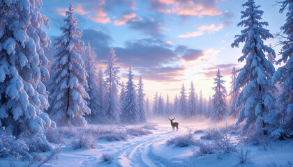 Wall Mural - Winter landscape with a solitary deer in a snowy forest at dawn, capturing the serene beauty of nature in early morning light