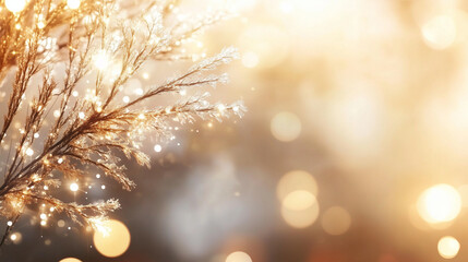 Poster - Golden bokeh lights illuminate a Christmas tree branch, creating a warm and festive atmosphere. Perfect for holiday cards, invitations, and social media posts.