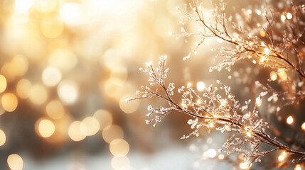 Poster - Golden bokeh lights illuminate a Christmas tree branch, creating a warm and festive atmosphere. Perfect for holiday cards, invitations, and social media posts.
