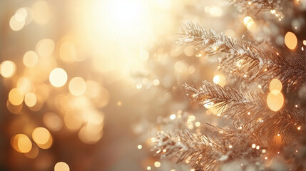 Poster - Golden bokeh lights illuminate a Christmas tree branch, creating a warm and festive atmosphere. Perfect for holiday cards, invitations, and social media posts.