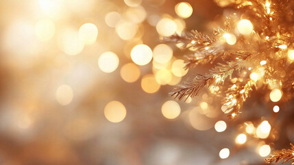 Poster - Golden bokeh lights illuminate a Christmas tree branch, creating a warm and festive atmosphere. Perfect for holiday cards, invitations, and social media posts.