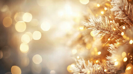 Poster - Golden bokeh lights illuminate a Christmas tree branch, creating a warm and festive atmosphere. Perfect for holiday cards, invitations, and social media posts.
