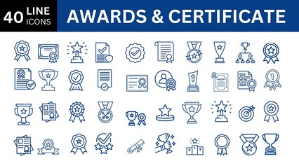 Awards and Certificate line editable icon set.  