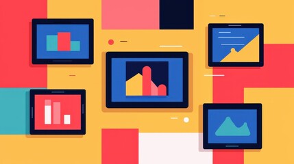 Poster - A vibrant illustration of various digital devices displaying colorful charts and graphs, set against a bold, abstract background.