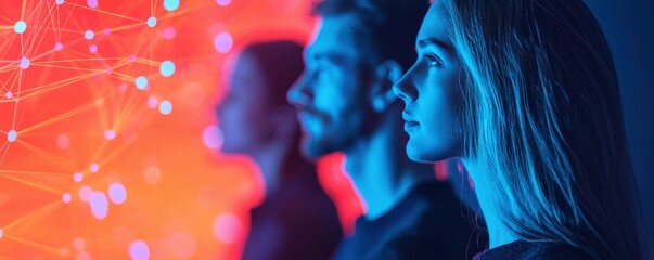Poster - Three individuals are silhouetted against a vibrant digital background, showcasing a blend of blue and red lights, symbolizing technology and connectivity.