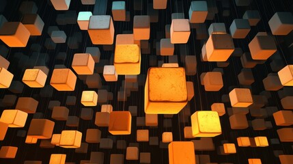 Poster - A dynamic 3D scene featuring glowing cubes in varying sizes and colors, floating in a dark space, creating a mesmerizing visual effect.