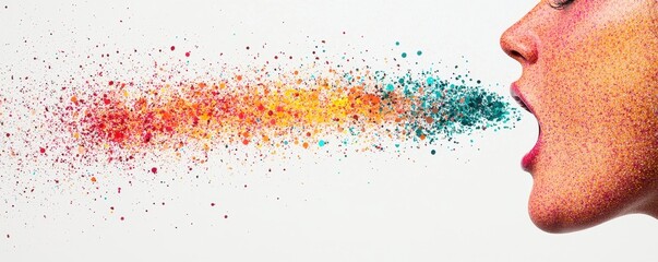 Poster - A vibrant explosion of color emanates from a person's mouth, symbolizing creativity and expression through dynamic particles.