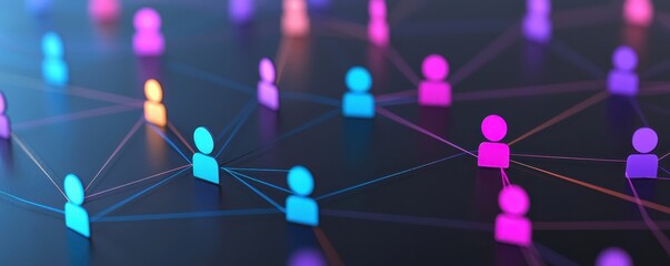 Poster - A vibrant digital network illustration featuring colorful human figures connected by lines, symbolizing social interaction and connectivity.