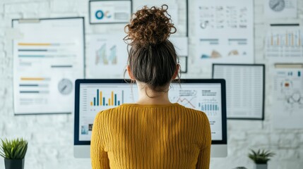 Poster - A woman with curly hair is focused on a computer screen displaying graphs and charts, surrounded by data-driven visuals on the wall.