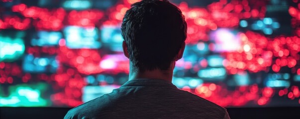 Poster - A person is seen from behind, gazing at a vibrant display of screens illuminated with colorful, abstract patterns.