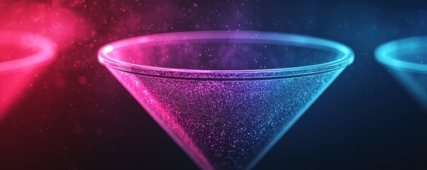 Poster - A vibrant, abstract image of illuminated cones, featuring hues of pink and blue with a misty texture, suggesting a sense of depth and motion.