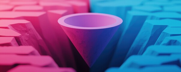 Poster - A vibrant, abstract design featuring a central cone shape surrounded by geometric forms, blending pink and blue colors in a visually striking manner.