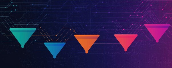 Poster - Abstract digital graphic featuring colorful funnel shapes against a dark background, representing data flow or filtering processes.