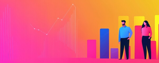 Poster - A colorful graphic depicting two individuals standing beside vibrant bar graphs and data visualizations, symbolizing analytics and growth.