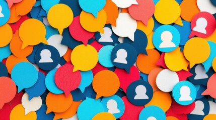 Poster - A colorful assortment of speech bubble cutouts, featuring silhouettes, representing communication, social interaction, and digital conversation themes.