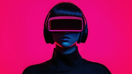 Poster - A futuristic figure wearing a VR headset and headphones against a vibrant pink background, embodying technology and digital innovation.