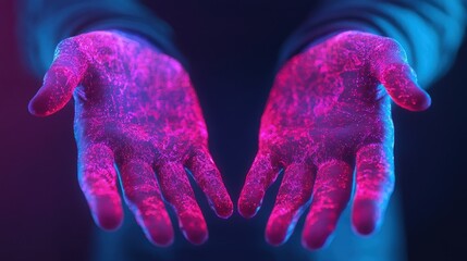 Poster - Illuminated hands with vibrant pink and blue hues, showcasing a glowing pattern, suggestive of energy or creativity.