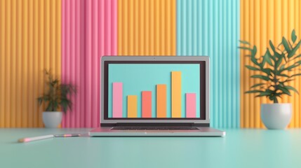 Poster - A vibrant workspace featuring a laptop displaying colorful bar graphs, surrounded by plants and a stylish backdrop of striped pastel colors.