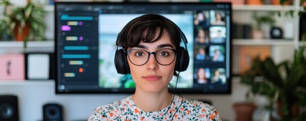 Poster - A focused individual wearing headphones, sitting in front of a computer screen displaying a digital meeting with vibrant decor in the background.