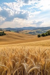 Wall Mural - A scenic view of golden wheat fields under a blue sky with distant hills and clouds.