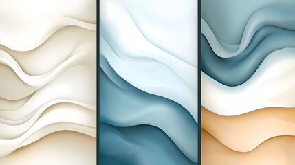 Poster - Abstract art background vector set. Modern wallpaper design with blue, white, and beige color waves. Illustration of a three-panel wall decoration for home interior decor.