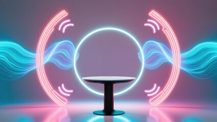 Poster - conceptual art piece featuring empty product circle stand surrounded by vibrant neon digital waves and symbols, symbolizing wireless connectivity with colorful lighting